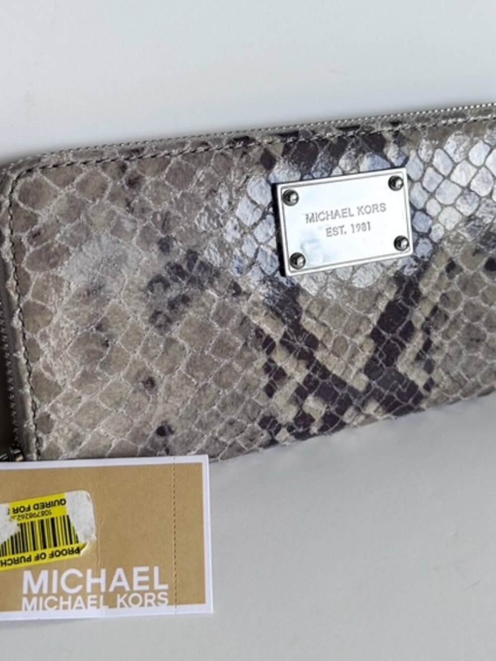 Michael Kors Jet Set Continental Python Embossed Leather Wallet Pearl Gray NWT